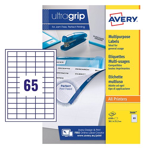 Avery+Multipurpose+Label+38x21.2mm+65+Per+A4+Sheet+White+%28Pack+6500+Labels%29+3666