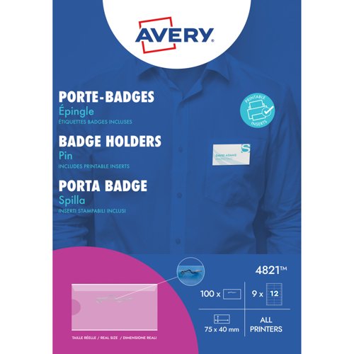 Avery Pin Badge Holders 40mm x 75mm 108 Inserts 100 Holders - 4821 Avery Pin Badge Holders 40mm x 75mm 108 Inserts 100 Holders - 4821