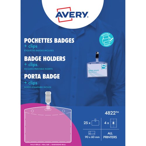 Avery Badge Holders with Clip 60x90mm 32 Inserts 25 Holders Avery Badge Holders with Clip 60x90mm 32 Inserts 25 Holders