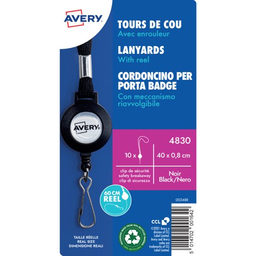 Avery Lanyard Black 40 x 1cm with 60cm Reel (Pack 10) - 4830 Avery Lanyard Black 40 x 1cm with 60cm Reel (Pack 10) - 4830