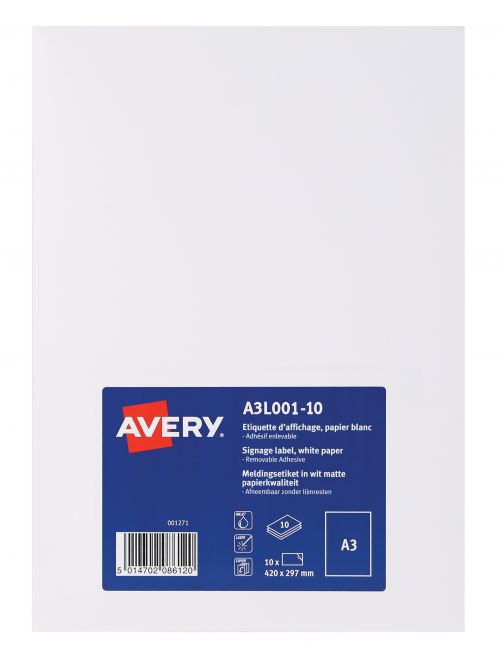 Avery Display Label A3 Removable Matt White (Pack 10 Labels) A3L001-10