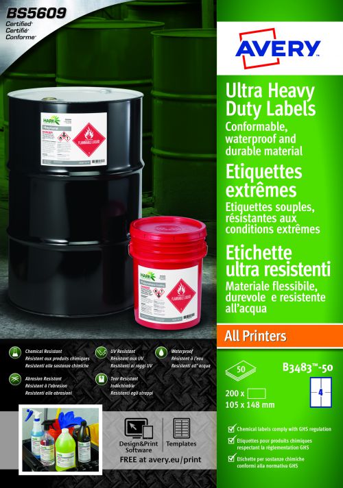 Filing / Media / Retail Avery Ultra Resistant Labels 105 x 148mm Permanent 4 Labels Per Sheet (Pack 200 Labels) B3483-50