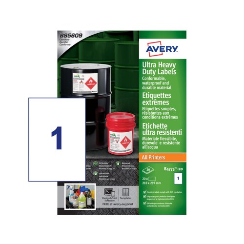 Filing / Media / Retail Avery Ultra Resistant Labels 210 x 297 mm Permanent 1 Label Per Sheet 20 Labels Per Pack B4775-20