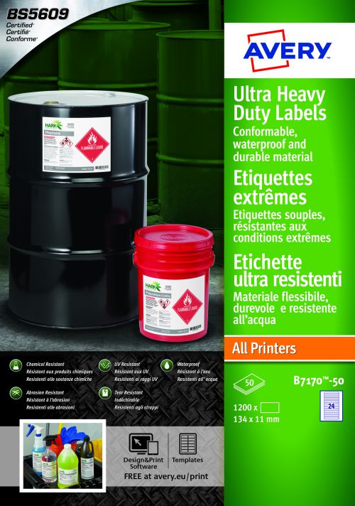 Filing / Media / Retail Avery Ultra Resistant Labels 11 x 134 mm Permanent 24 Labels Per Sheet 1200 Labels Per Pack B7170-50