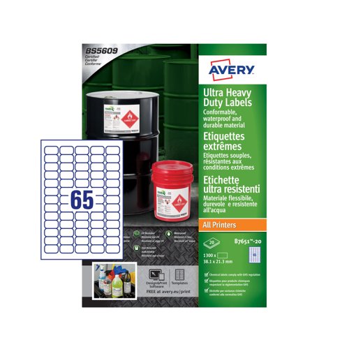 Filing / Media / Retail Avery Ultra Resistant Labels 38 x 21 mm Permanent 65 Labels Per Sheet 1300 Labels Per Pack B7651-20
