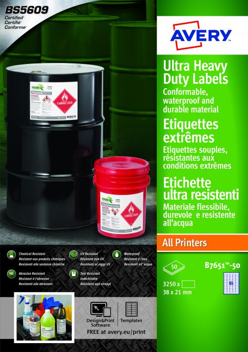 Filing / Media / Retail Avery Ultra Resistant Labels 38 x 21 mm Permanent 65 Labels Per Sheet 3250 Labels Per Pack B7651-50