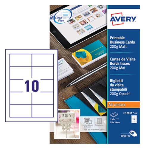 Avery Single-Sided Business Cards Pack 100 / 10 Sheets - C32011-10 Avery Single-Sided Business Cards Pack 100 / 10 Sheets - C32011-10