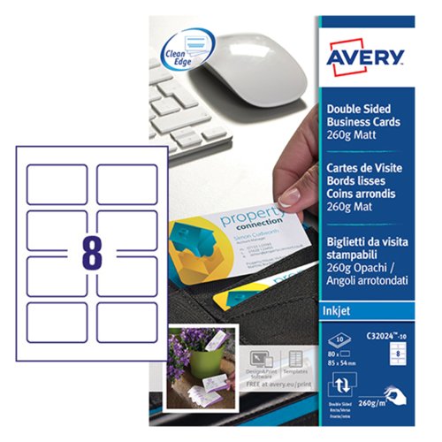 Avery Business Cards 85mm x 54mm Inkjet Prints on Both Sides 100 Cards / 10 sheets - C32024-10.UK Avery Business Cards 85mm x 54mm Inkjet Prints on Both Sides 100 Cards / 10 sheets - C32024-10.UK