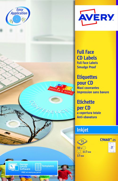 Avery FullFace CD Label Glossy 117mm DIA C9660-25 (50Labels)