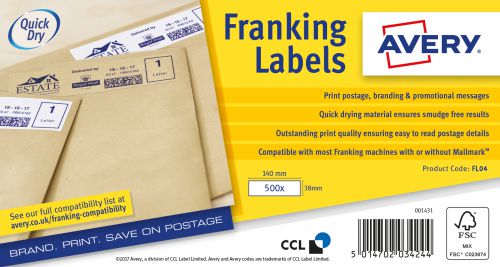 Franking Labels Avery Franking Label Auto Hopper 140x38mm (Pack 1000 Labels) FL04