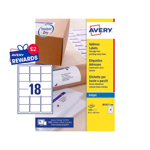 Avery+Inkjet+Address+Label+63.5x46.6mm+18+Per+A4+Sheet+White+%28Pack+1800+Labels%29+J8161-100