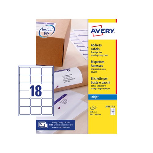 Avery+Inkjet+Address+Label+63.5x46.6mm+18+Per+A4+Sheet+White+%28Pack+450+Labels%29+J8161-25
