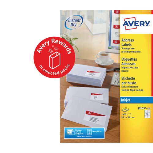 Avery+Inkjet+Address+Label+99.1x38.1mm+14+Per+A4+Sheet+White+%28Pack+1400+Labels%29+J8163-100