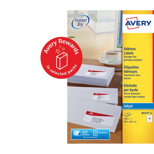 Avery+Inkjet+Address+Label+99.1x38.1mm+14+Per+A4+Sheet+White+%28Pack+350+Labels%29+J8163-25