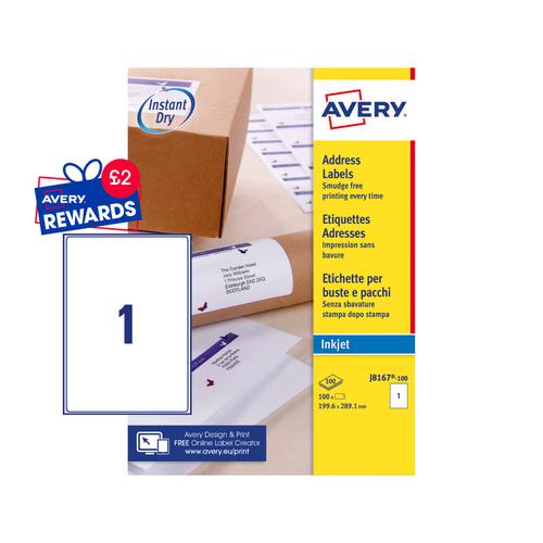 Avery Inkjet Address Label 200x289mm 1 Per A4 Sheet White (Pack 100 Labels) J8167-100