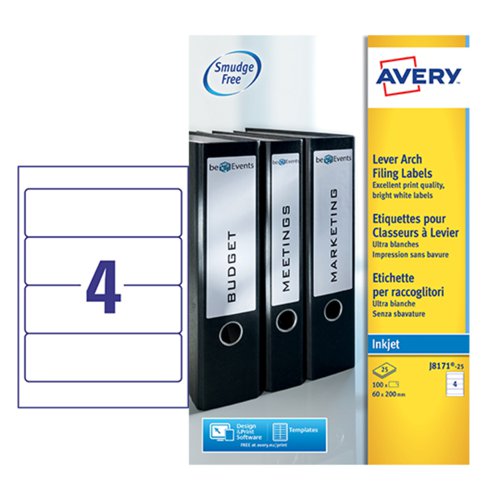 Avery+Inkjet+Filing+Label+Lever+Arch+File+200x60mm+4+Per+A4+Sheet+White+%28Pack+100+Labels%29+J8171-25