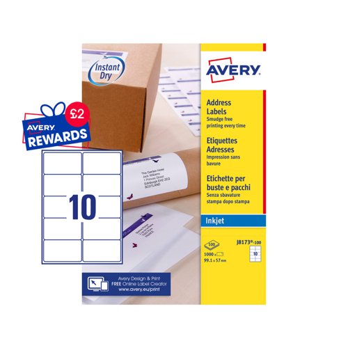 Avery+Inkjet+Address+Label+99x57mm+10+Per+A4+Sheet+White+%28Pack+1000+Labels%29+J8173-100