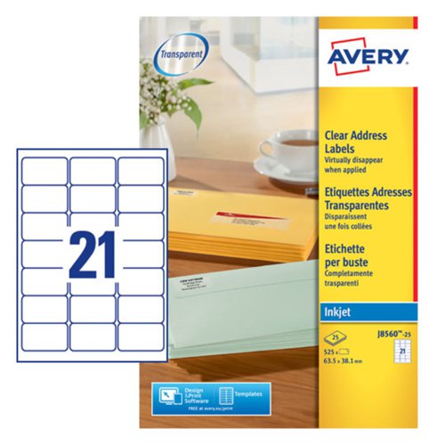 Avery+Inkjet+Address+Label+63.5x38.1mm+16+Per+A4+Sheet+Clear+%28Pack+525+Labels%29+J8560-25