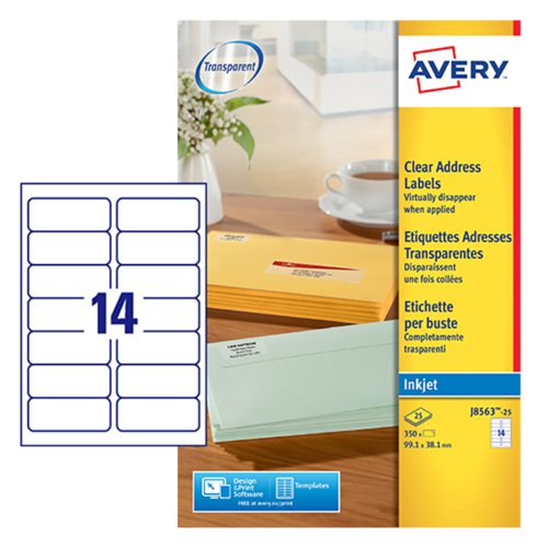 Avery+Inkjet+Address+Label+99.1x38.1mm+14+Per+A4+Sheet+Clear+%28Pack+350+Labels%29+J8563-25