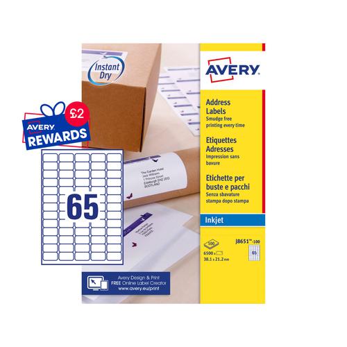 Address Avery Inkjet Address Label 38x21mm 65 Per A4 Sheet White (Pack 6500 Labels) J8651-100