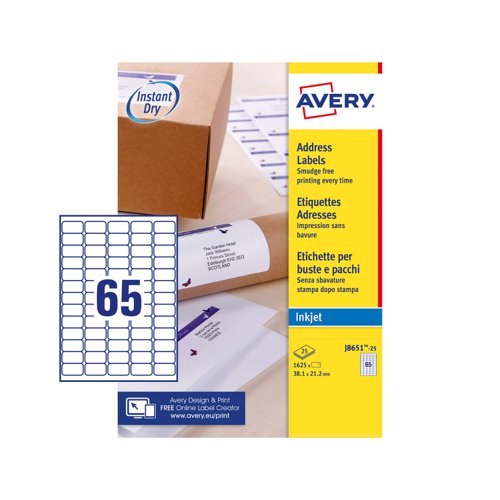 Avery+Inkjet+Mini+Label+38.1x21.2mm+65+Per+A4+Sheet+White+%28Pack+1625+Labels%29+J8651-25