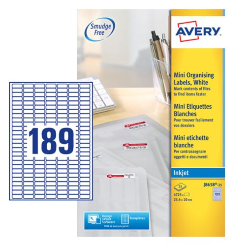 Avery+Inkjet+Mini+Label+25x10mm+189+Per+A4+Sheet+White+%28Pack+4725+Labels%29+J8658-25