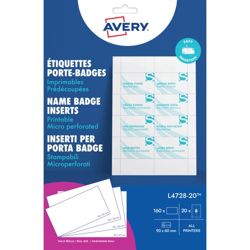 Avery Microperforated Printable Inserts 90mm x 60mm All Printers 160 Labels / 20 Sheet - L4728-20 Avery Microperforated Printable Inserts 90mm x 60mm All Printers 160 Labels / 20 Sheet - L4728-20