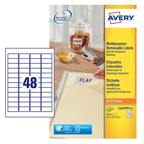 Avery+Multipurpose+Mini+Removable+Label+45.7x21.2mm+48+Per+A4+Sheet+White+%28Pack+1200+Labels%29+L4736REV-25