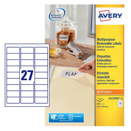 Avery+Multipurpose+Mini+Removable+Label+63.5x29.6mm+27+Per+A4+Sheet+White+%28Pack+675+Labels%29+L4737REV-25