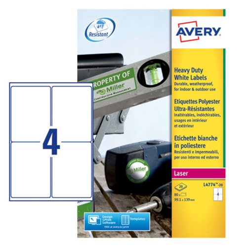 Avery+Laser+Heavy+Duty+Label+99x139mm+4+Per+A4+Sheet+White+%28Pack+80+Labels%29+L4774-20