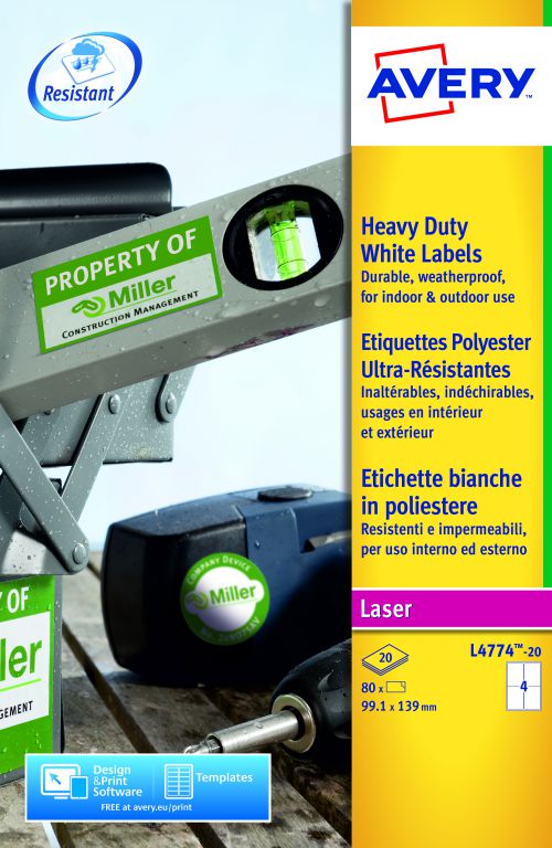 Avery Laser Label Heavy Duty 4 Per Sheet White (Pack of 80) L4774-20