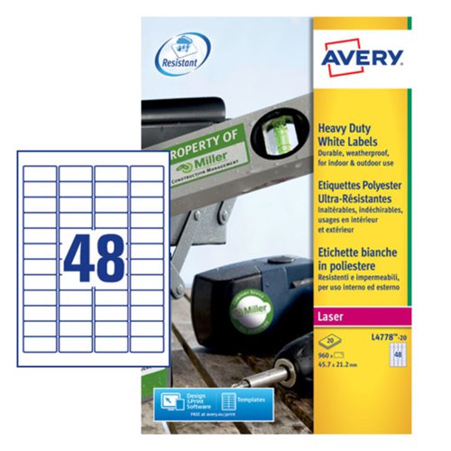 Avery+Laser+Heavy+Duty+Label+45.7x21.2mm+48+Per+A4+Sheet+White+%28Pack+960+Labels%29+L4778-20