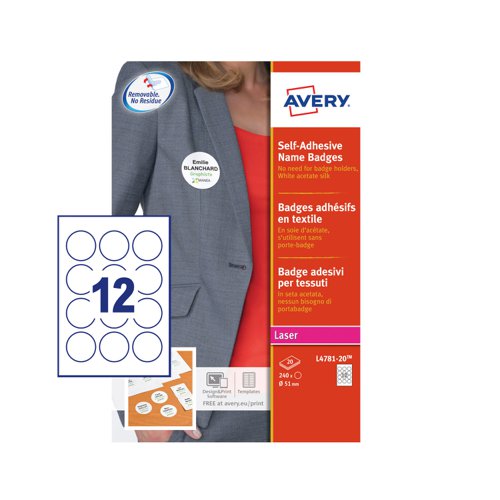 Avery Self-Adhesive Name Badge Circular 51mm Diameter White (Pack 240) L4781-20 Avery Self-Adhesive Name Badge Circular 51mm Diameter White (Pack 240) L4781-20