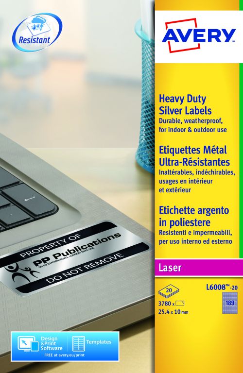 Avery Laser Heavy Duty Label 25.4x10mm 189 Per A4 Sheet Silver (Pack 3780 Labels) L6008-20