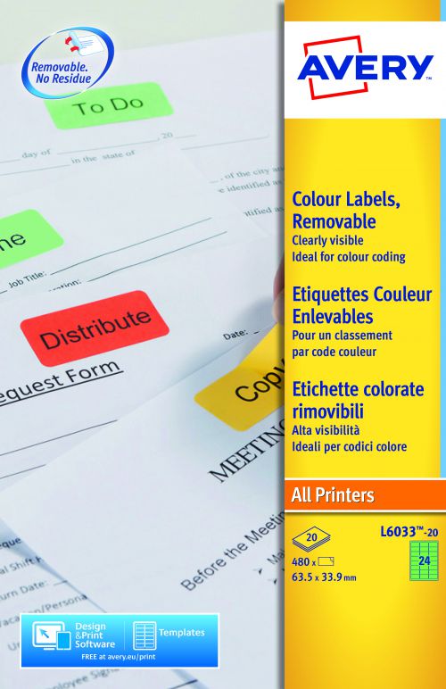 Avery+Coloured+Labels+Removable+Laser+24+per+Sheet+63.5x33.9mm+Green+Ref+L6033-20+%5B480+Labels%5D