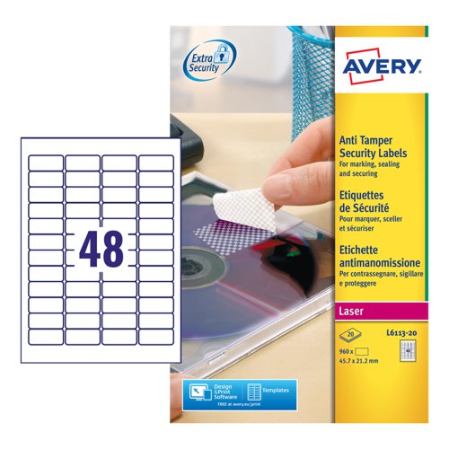 Avery+Laser+NoPeel+Anti-Tamper+Permanent+Label+46x21mm+48+Per+A4+Sheet+White+%28Pack+960+Labels%29+L6113-20