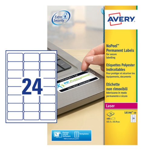 Avery+Laser+NoPeel+Anti-Tamper+Permanent+Label+63.5x34mm+24+Per+A4+Sheet+White+%28Pack+480+Labels%29+L6146-20