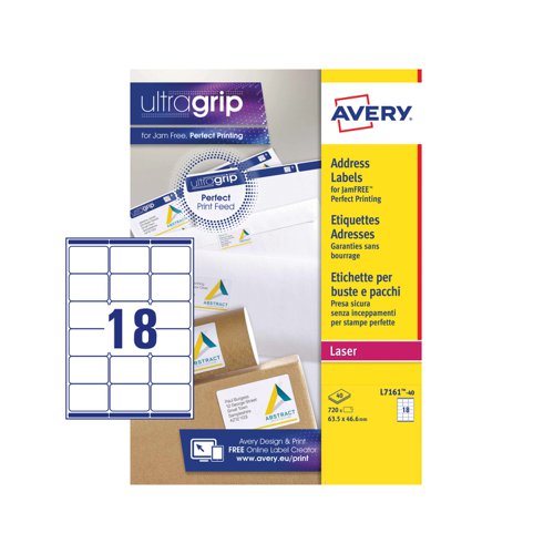 Avery+Laser+Address+Label+63.5x46.6mm+18+Per+A4+Sheet+White+%28Pack+720+Labels%29+L7161-40