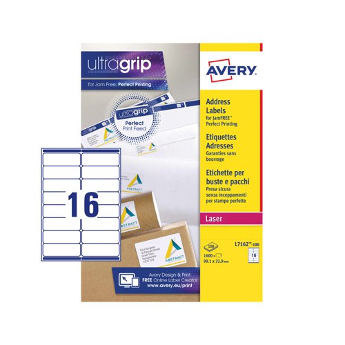 Avery+Laser+Address+Label+99.1x33.9mm+16+Per+A4+Sheet+White+%28Pack+1600+Labels%29+L7162-100