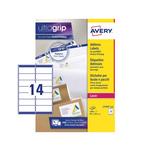 Avery+Laser+Address+Label+99.1x38.1mm+14+Per+A4+Sheet+White+%28Pack+3500+Labels%29+L7163-250