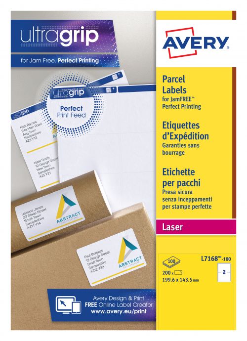 Avery Parcel Labels Laser Jam-free 2 per Sheet 199.6x143.5mm White Ref L7168-100 [200 Labels]