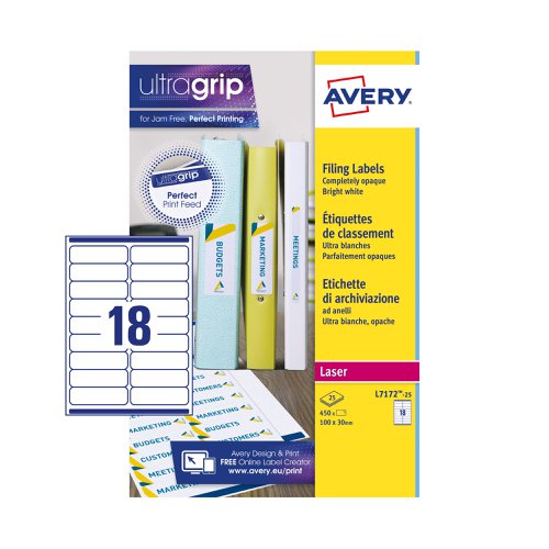 Avery+Laser+Filing+Label+Ring+Binder+100x30mm+18+Per+A4+Sheet+White+%28Pack+450+Labels%29+L7172-25