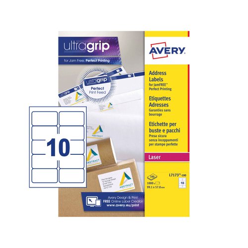 Avery+Laser+Address+Label+99.1x57mm+10+Per+A4+Sheet+White+%28Pack+1000+Labels%29+L7173-100