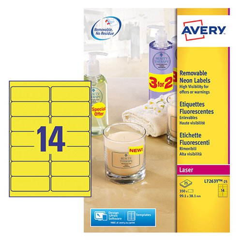Avery+Laser+High+Visibility+Removable+Label+99x38mm+14+Per+A4+Sheet+Neon+Yellow+%28Pack+350+Labels+%29+L7263Y-25