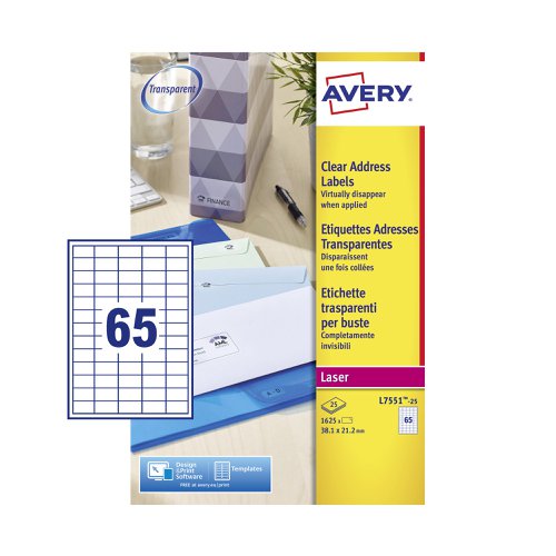 Avery+Laser+Mini+Label+38x21mm+65+Per+A4+Sheet+Clear+%28Pack+1625+Labels%29+L7551-25