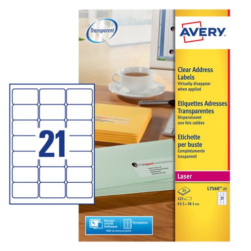 Avery+Laser+Address+Label+63.5x38mm+21+Per+A4+Sheet+Clear+%28Pack+525+Labels%29+L7560-25