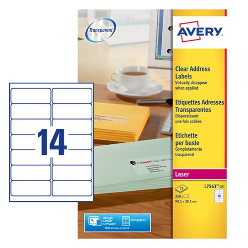 Avery+Laser+Address+Label+99x38mm+14+Per+A4+Sheet+Clear+%28Pack+350+Labels%29+L7563-25
