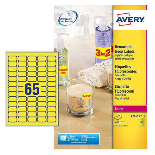 Avery+Laser+High+Visibility+Mini+Removable+Label+38x21mm+65+Per+A4+Sheet+Neon+Yellow+%28Pack+1625+Labels%29+L7651Y-25