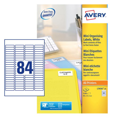 Avery+Multipurpose+Mini+Label+46x11mm+84+Per+A4+Sheet+White+%28Pack+2100+Labels%29+L7656-25