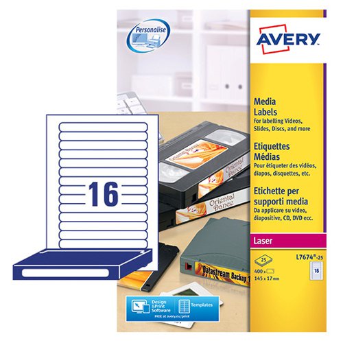 Avery+Laser+Video+Spine+Label+145x17mm+16+Per+A4+Sheet+White+%28Pack+400+Labels%29+L7674-25